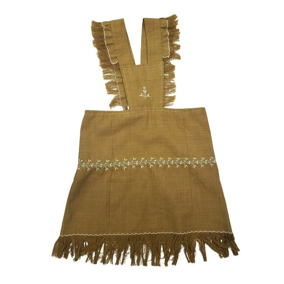 Handmade Embroidered Girls Pinafore Dress Fringe Brown Tan White Boho Prairie - Picture 1 of 10